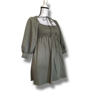 Free People This is Everything Smocked Mini Dress Olive Green Puff Sleeves